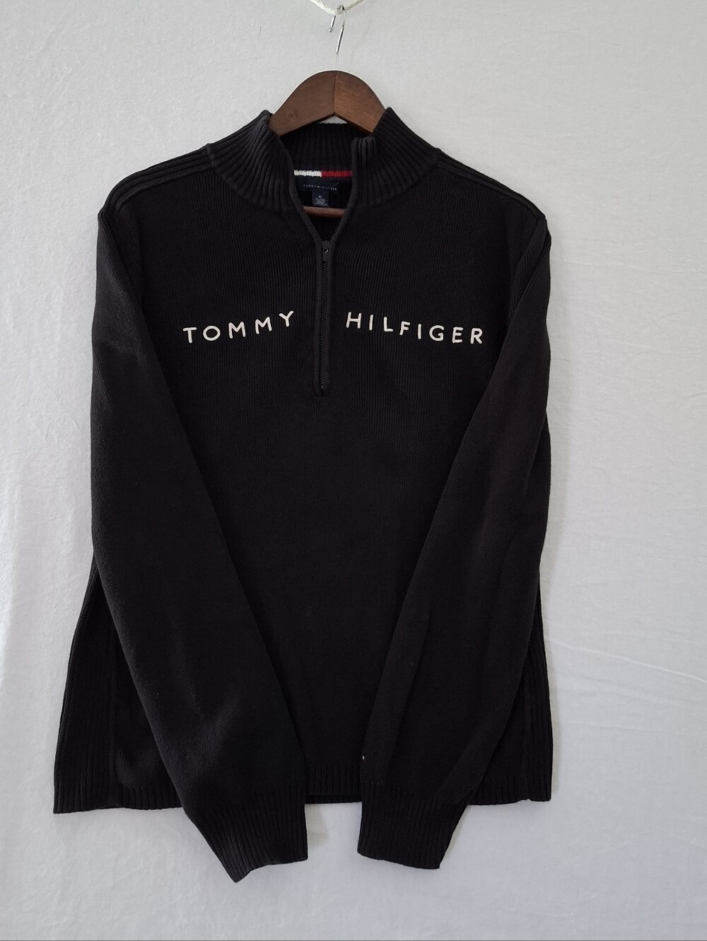 Tommy Hilfiger Women's XL  Sweater Spellout Logo Ribbed Pullover 1/4 Zip Black